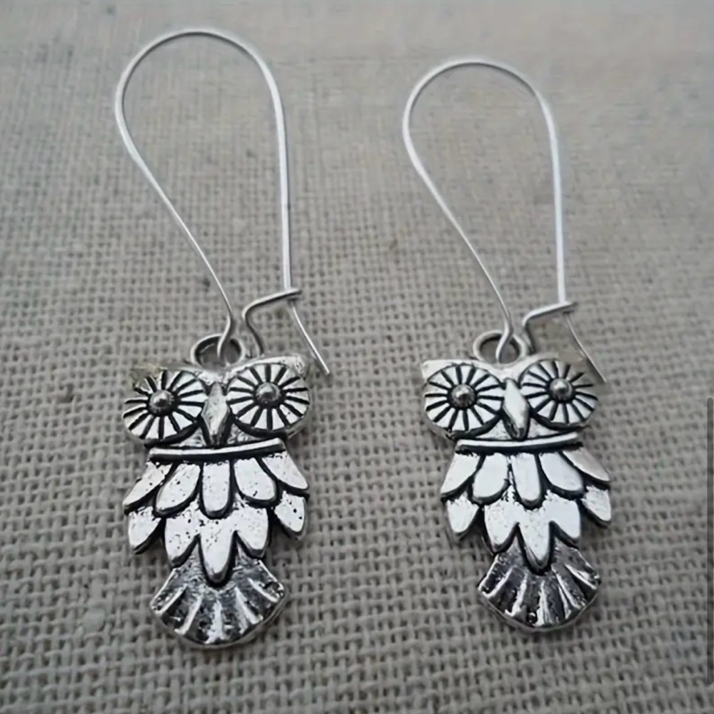 Silver Owl Drop Antiqued Dangle Boho Chic Earrings Jewelry